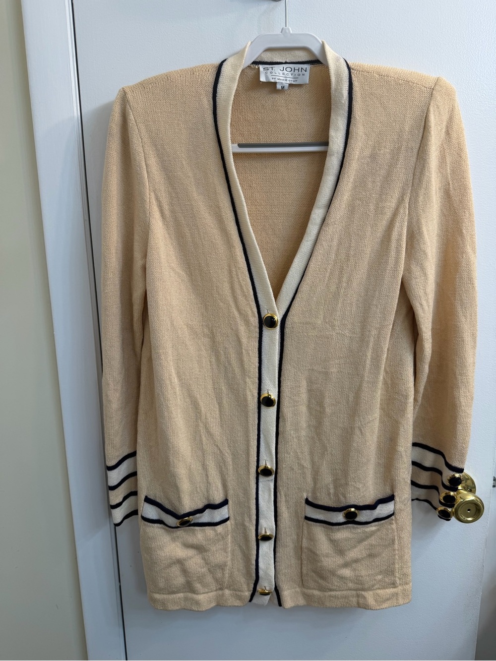 St. John Cream Cardigan with Navy Contrast Trim and Gold Buttons